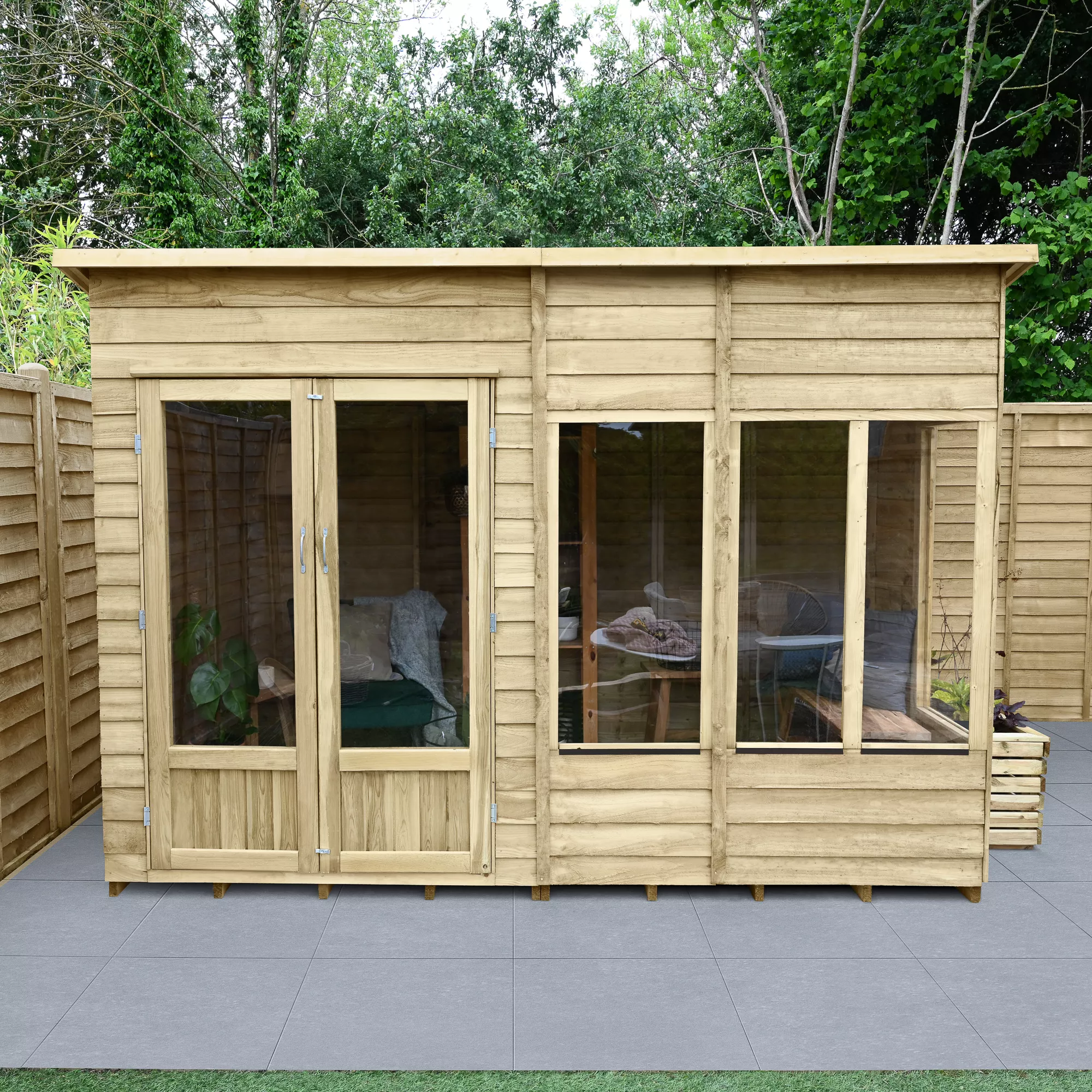 Forest Garden Oakley 10x6 Pent Overlap Solid Wood Summer House With Double Door 1 Forest Garden Oakley 10x6 Pent Overlap Solid Wood Summer House With Double Door