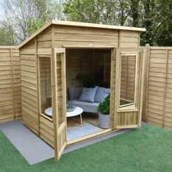 Forest Garden Oakley 7x5 Pent Overlap Solid Wood Summer House With Double Door - Assembly Service Included -Garden Care Shop forest garden oakley 7x5 pent overlap solid wood summer house with double door assembly service included5013053188514 03i bq