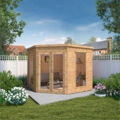 Mercia Corner 8x8 Ft Flat Shiplap Wooden Summer House With Double Door -Garden Care Shop mercia corner 8x8 ft flat shiplap wooden summer house with double door5029442076553 01i