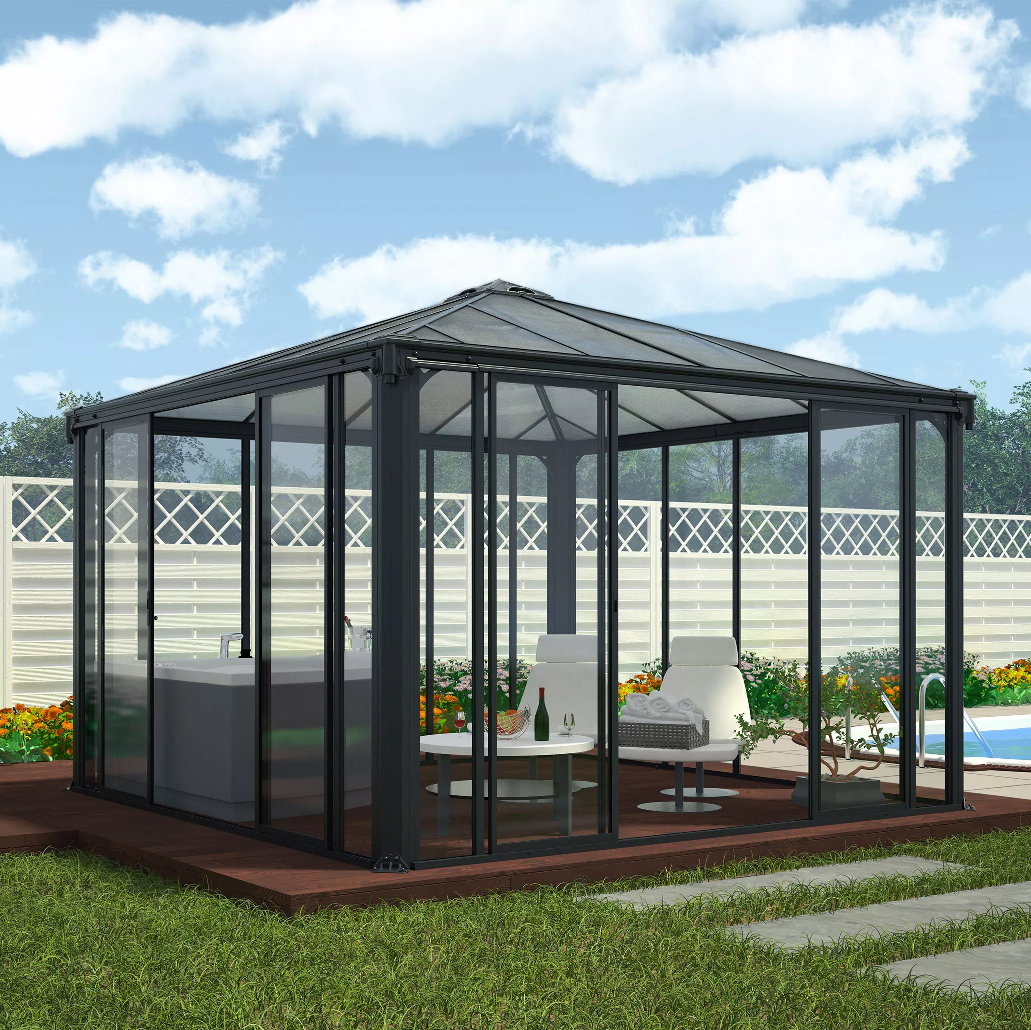 Palram - Canopia Ledro Grey Rectangular Gazebo, (W)3.6m (D)3.6m - Assembly Required 9 Palram - Canopia Ledro Grey Rectangular Gazebo, (W)3.6m (D)3.6m - Assembly Required - Image 9